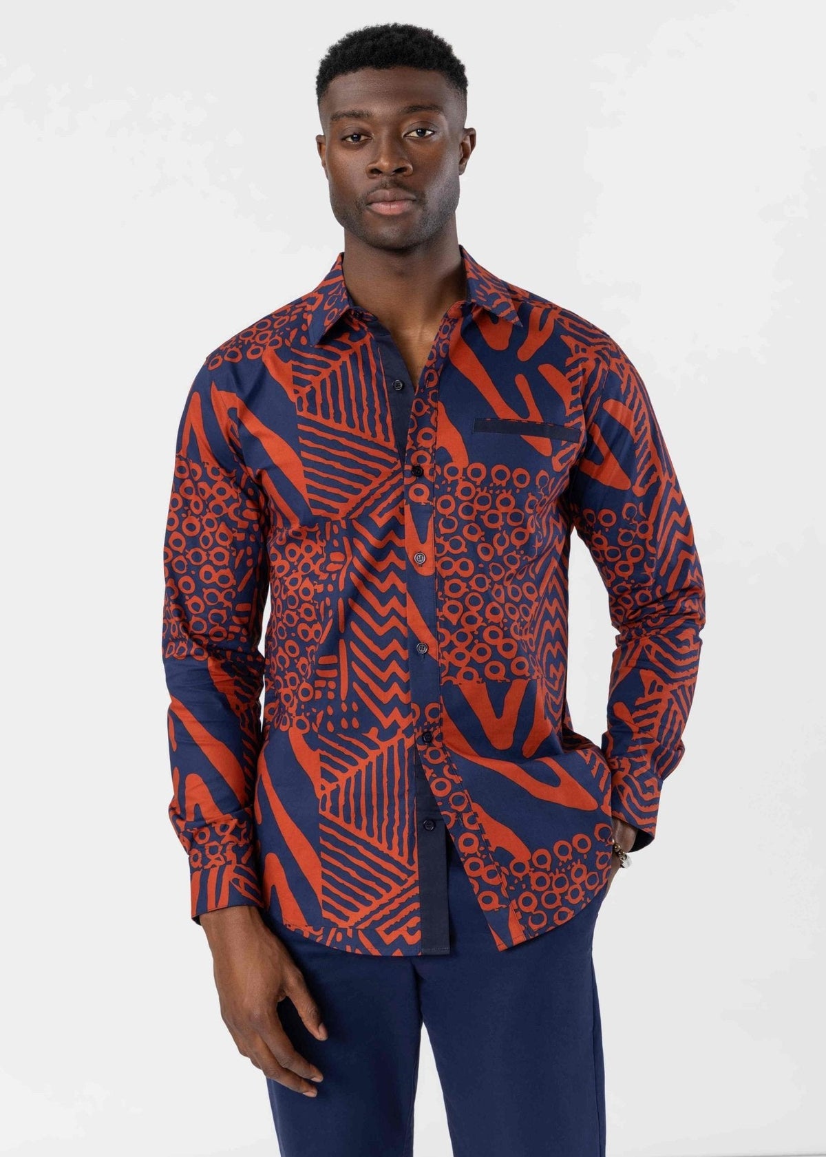 Mazi Men's African Print Button-up Shirt (Rust Navy Multipattern) - D'IYANU