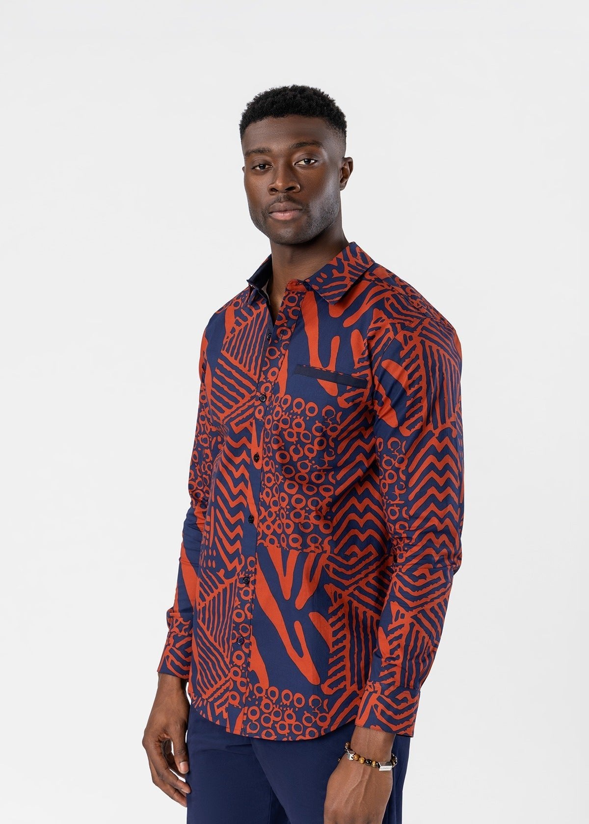 Mazi Men's African Print Button-up Shirt (Rust Navy Multipattern) - D'IYANU