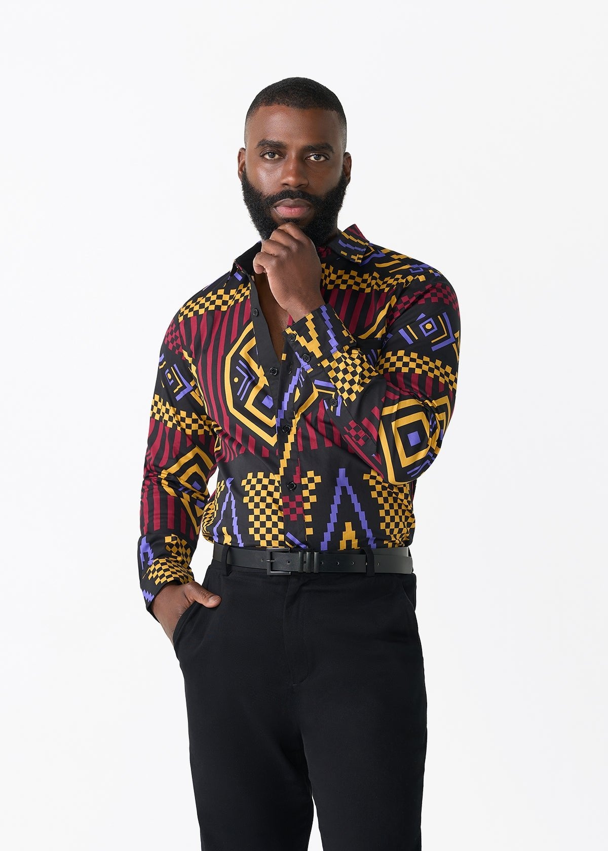 Mazi Men's African Print Button-up Shirt (Black Burgundy Tribal)