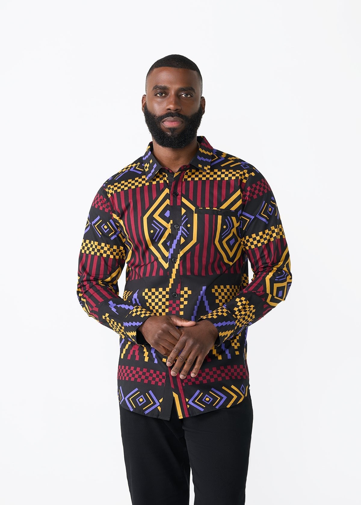 Mazi Men's African Print Button-up Shirt (Black Burgundy Tribal)