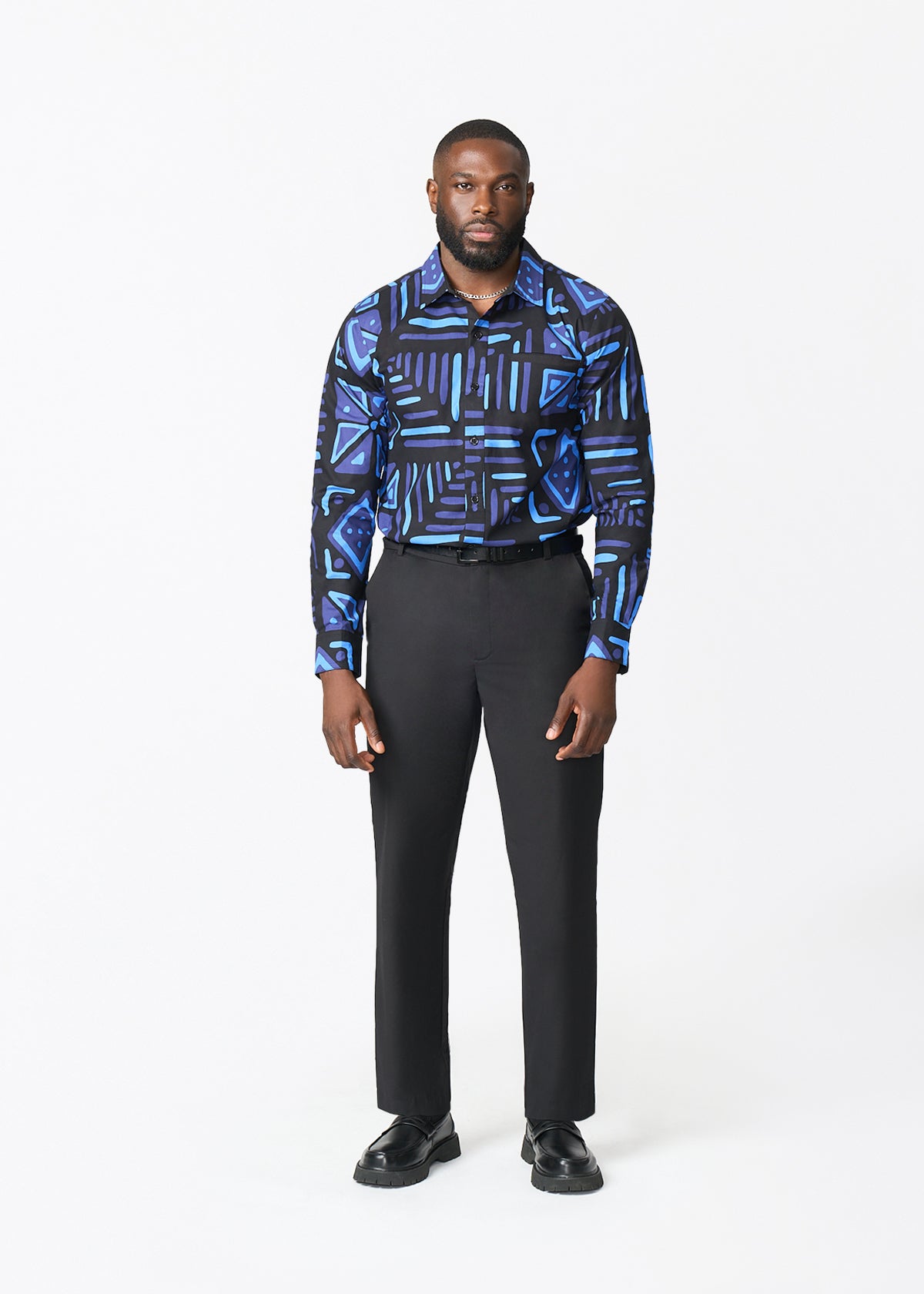 Mazi Men's African Print Button-up Shirt (Black Sapphire Tribal) - D'IYANU