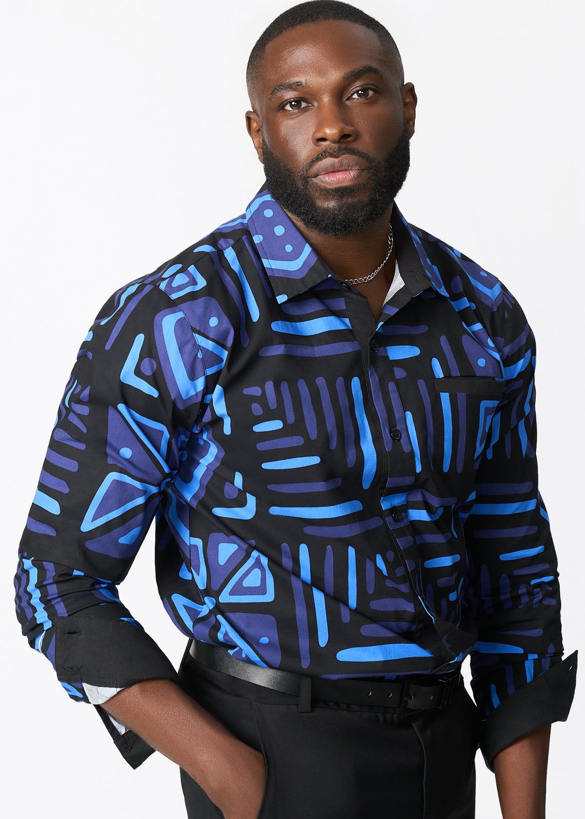 Mazi Men's African Print Button-up Shirt (Black Sapphire Tribal) - D'IYANU