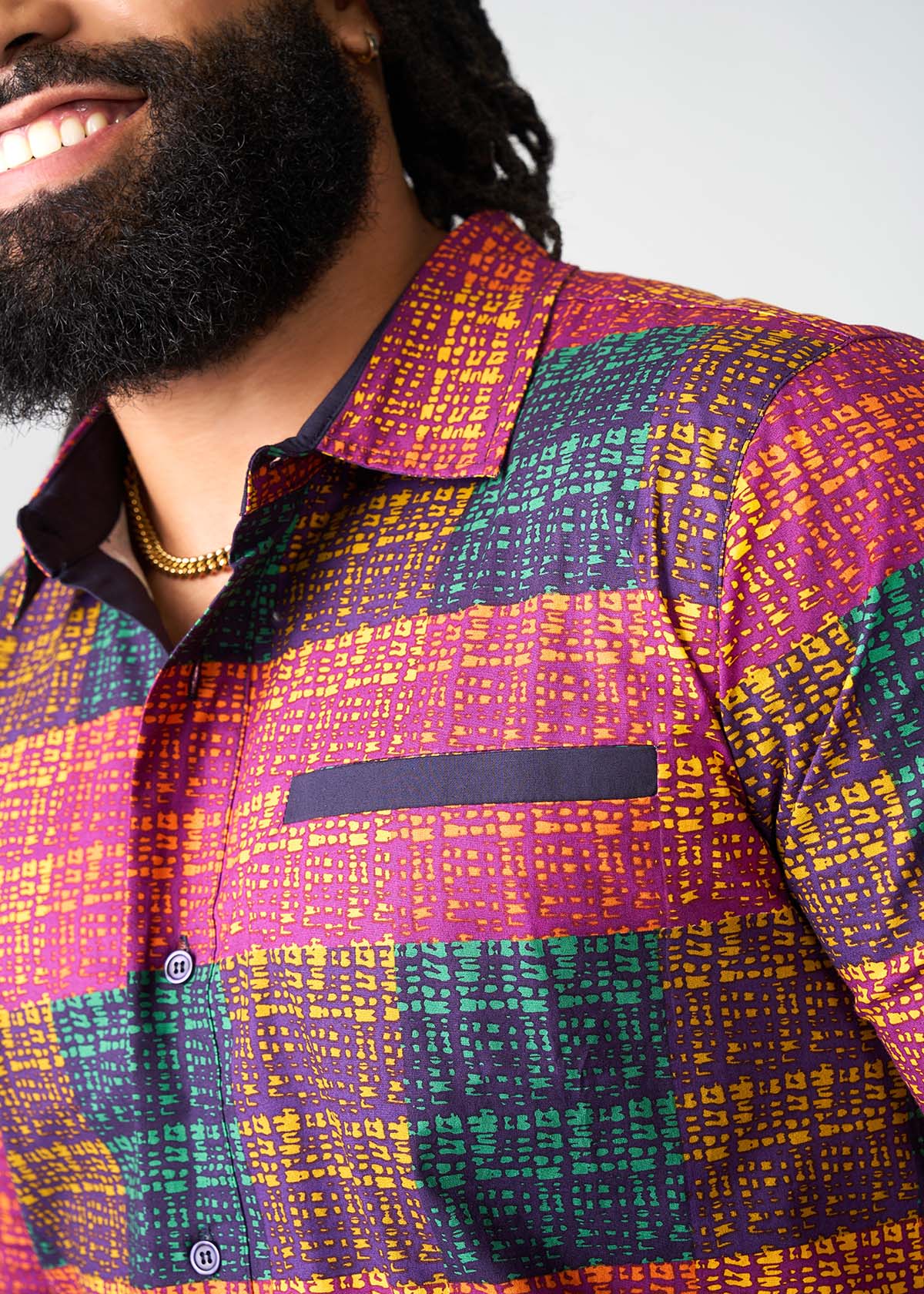 Mazi Men's African Print Button-up Shirt (Harvest Plaid Adire) - D'IYANU