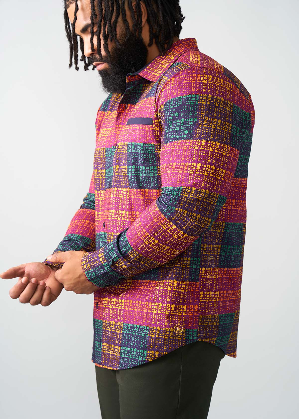 Mazi Men's African Print Button-up Shirt (Harvest Plaid Adire) - D'IYANU