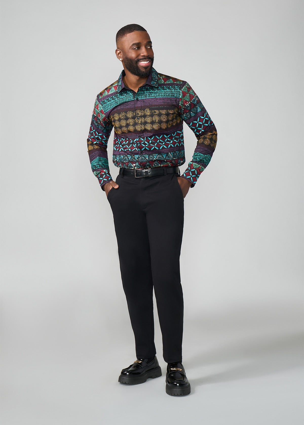 Mazi Men's African Print Button-up Shirt (Teal Maroon Multipattern) - D'IYANU