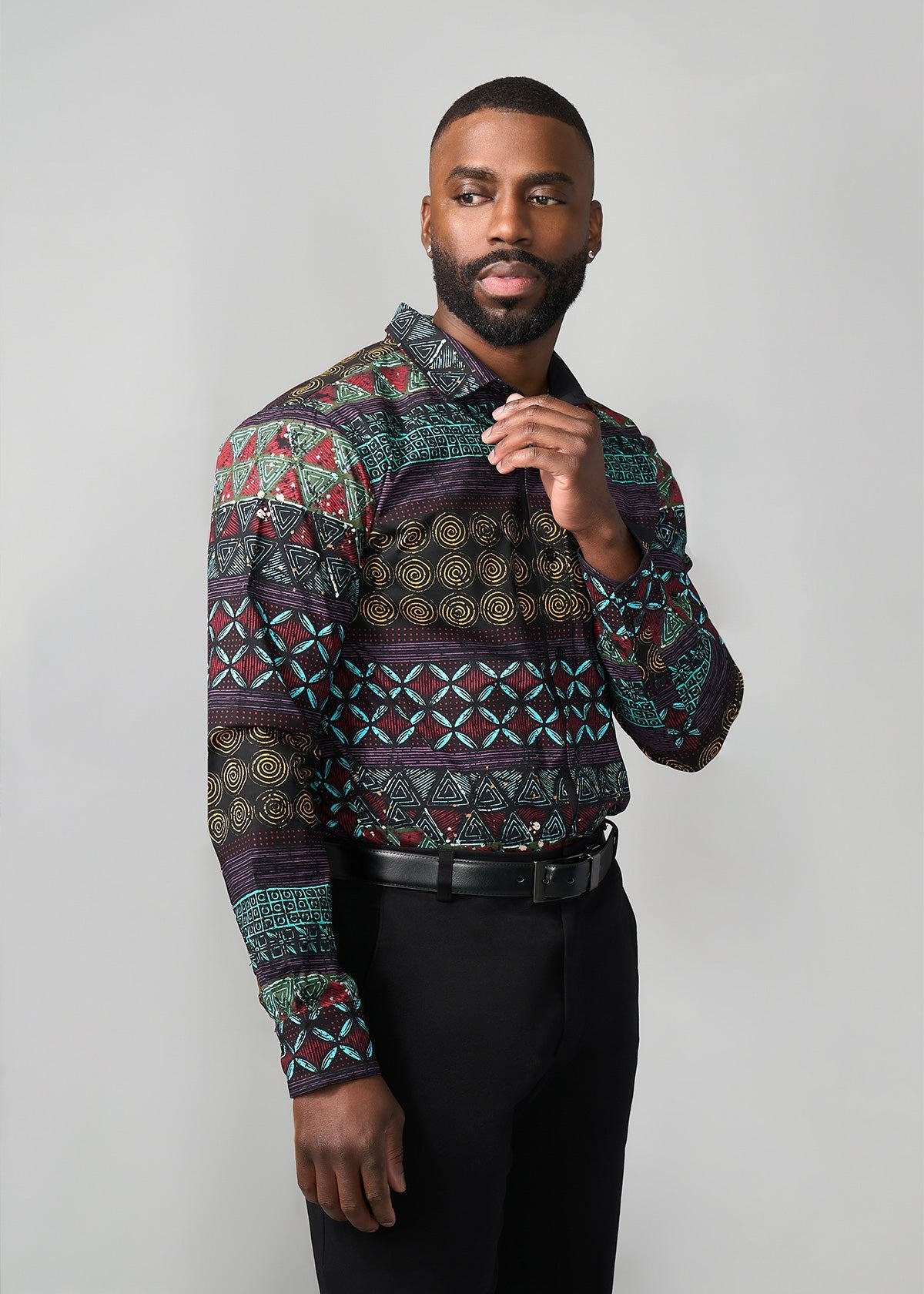 Mazi Men's African Print Button-up Shirt (Teal Maroon Multipattern) - D'IYANU