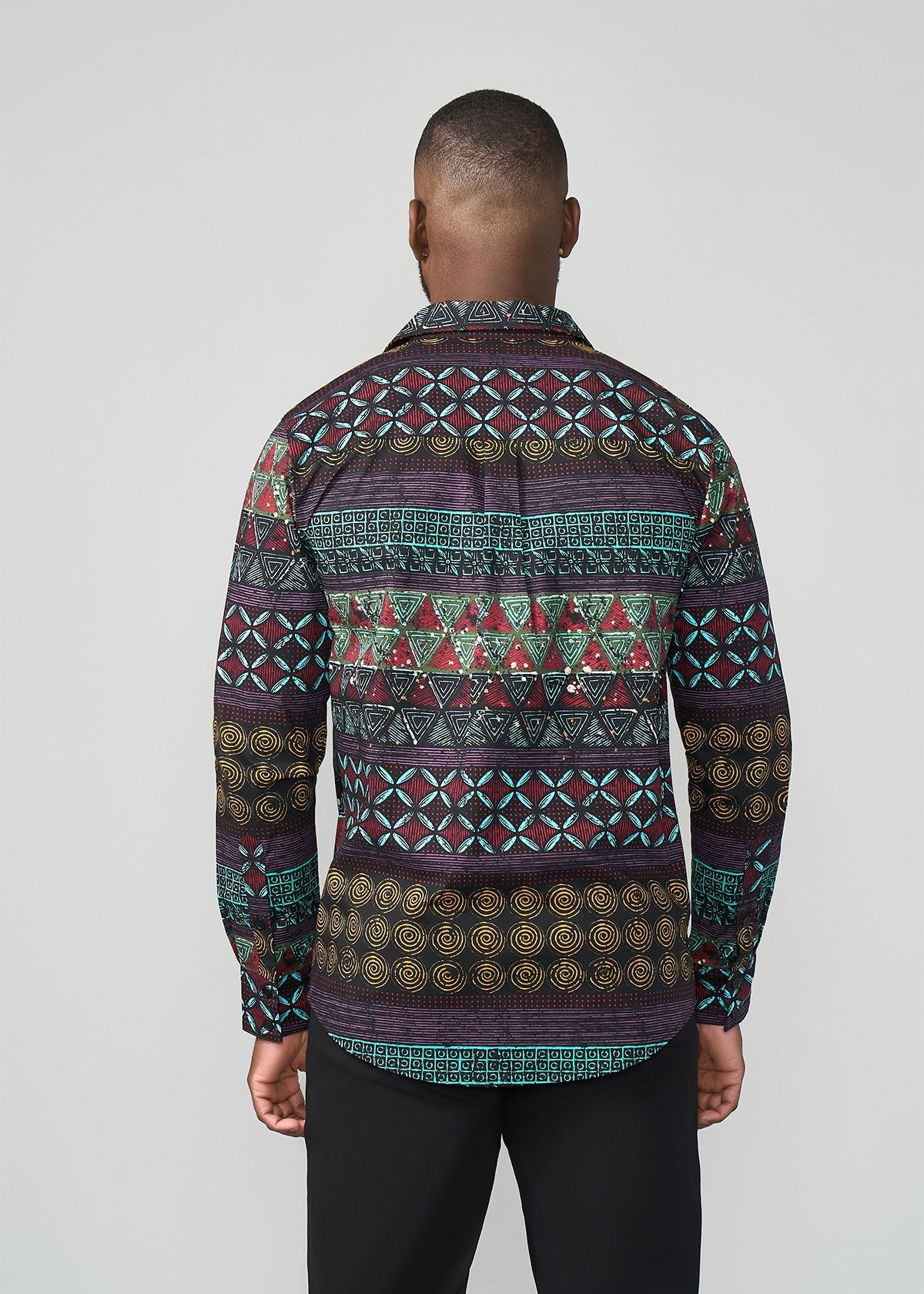 Mazi Men's African Print Button-up Shirt (Teal Maroon Multipattern) - D'IYANU