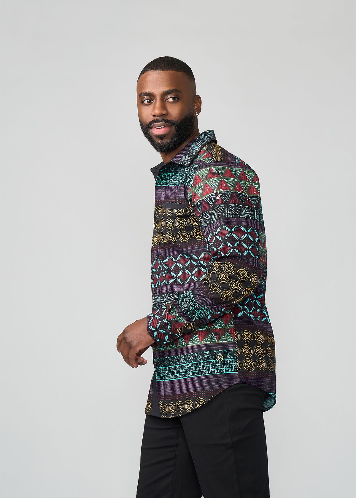 Mazi Men's African Print Button-up Shirt (Teal Maroon Multipattern) - D'IYANU