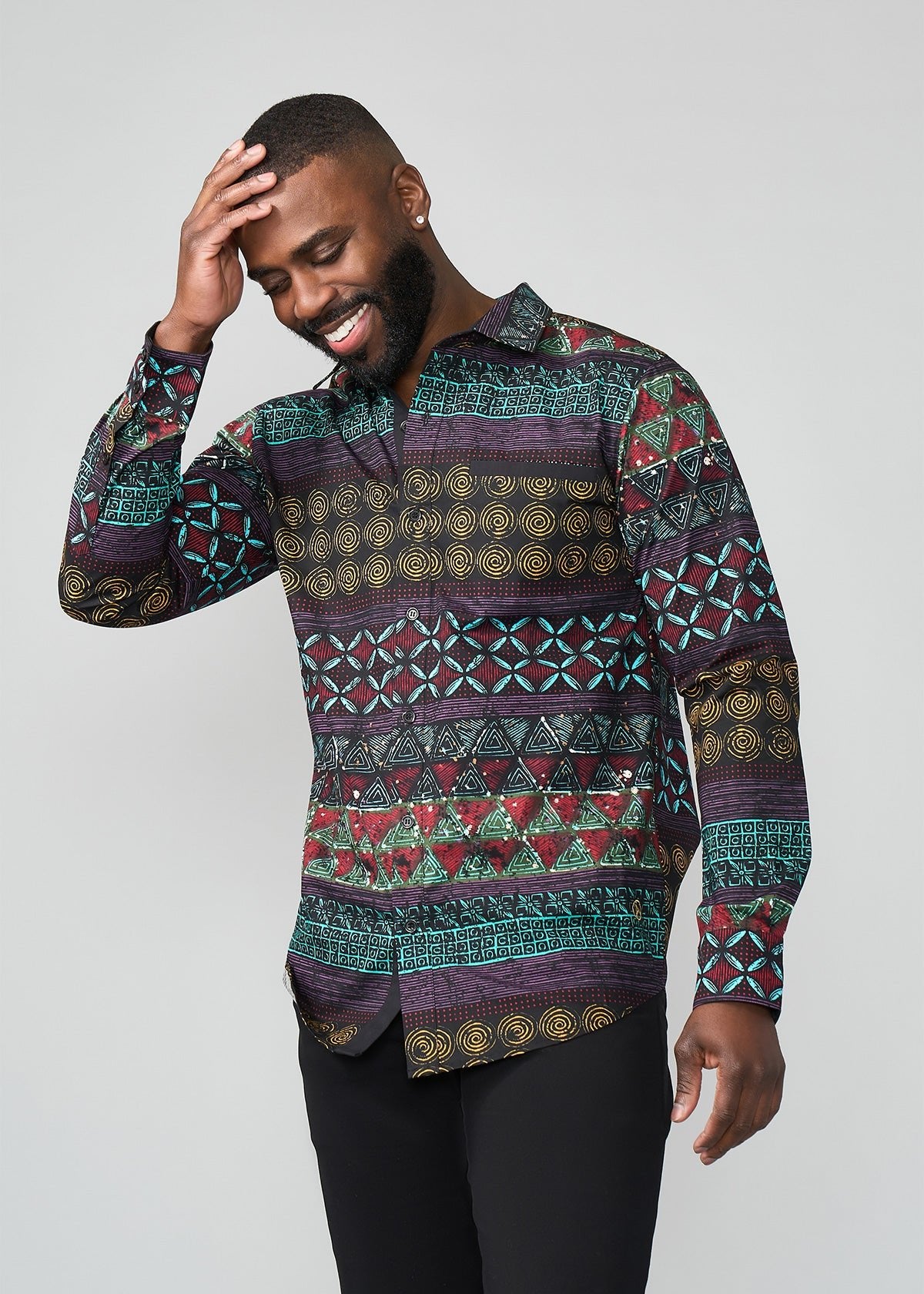 Mazi Men's African Print Button-up Shirt (Teal Maroon Multipattern) - D'IYANU