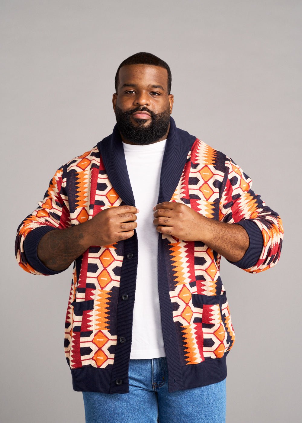 Aren African Print Button-Up Cardigan Sweater (Cream Orange Kente) - D'IYANU