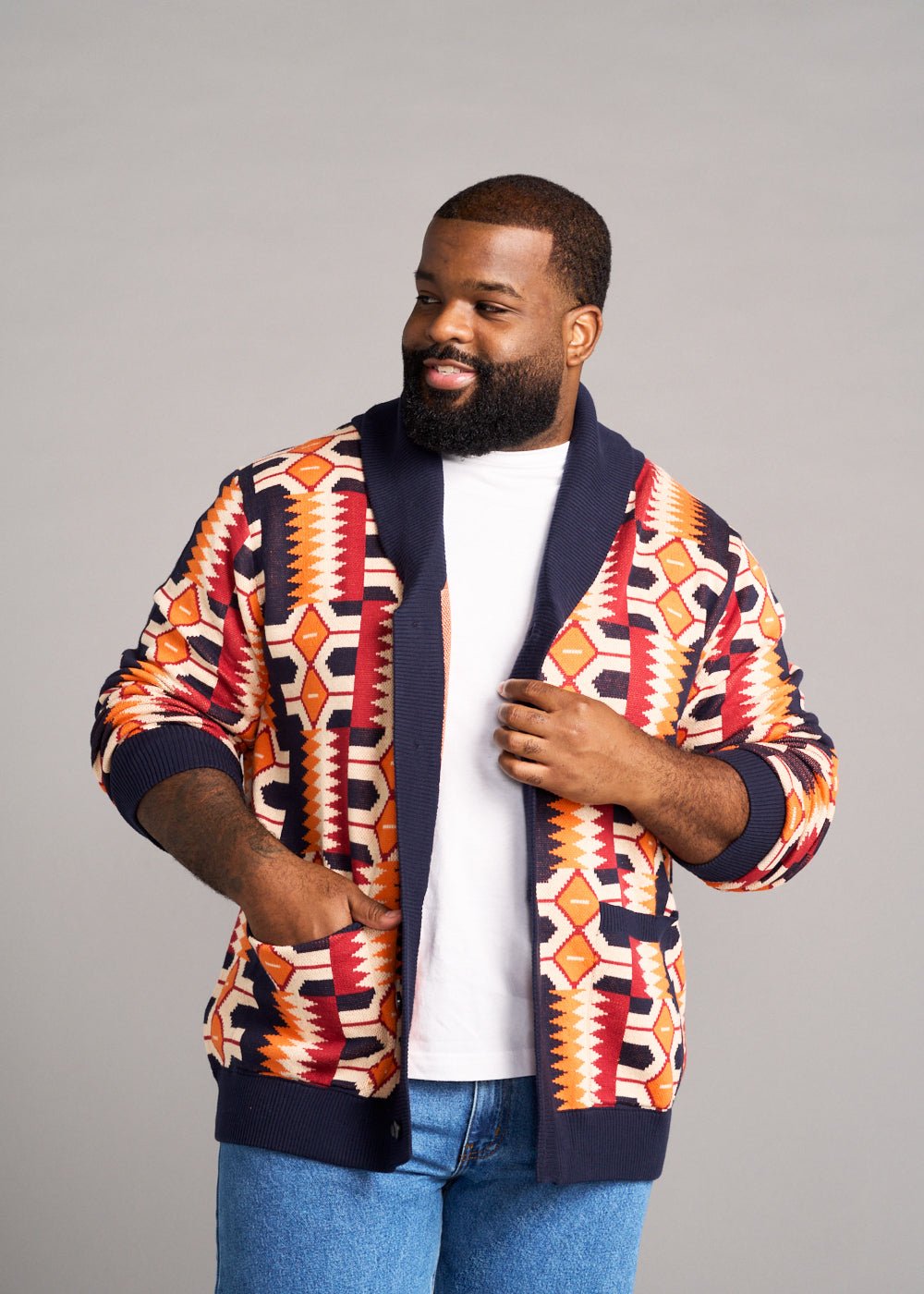 Aren African Print Button-Up Cardigan Sweater (Cream Orange Kente) - D'IYANU
