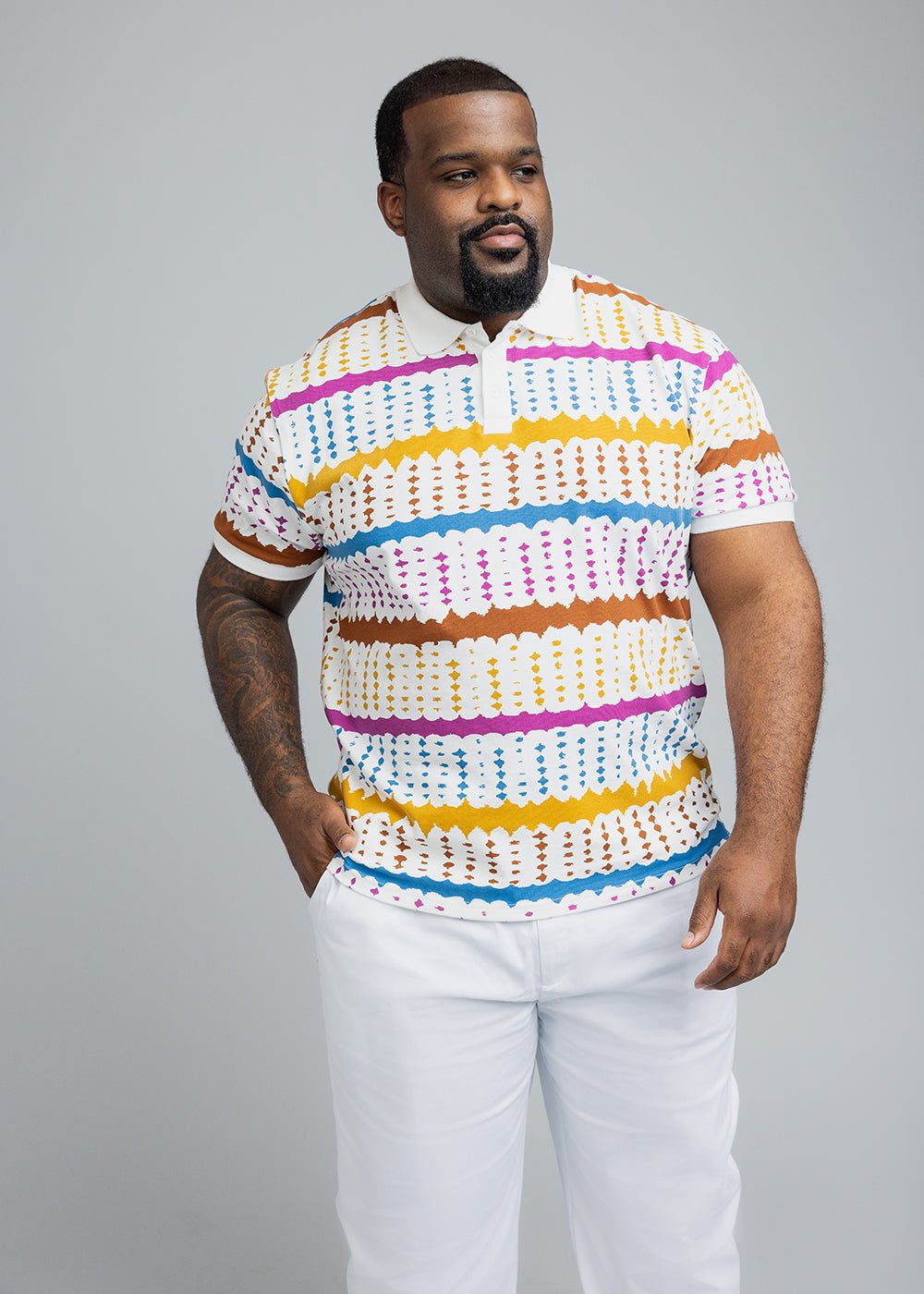 Femi Men's African Print Polo Shirt (White Nautical Adire) White - D'IYANU