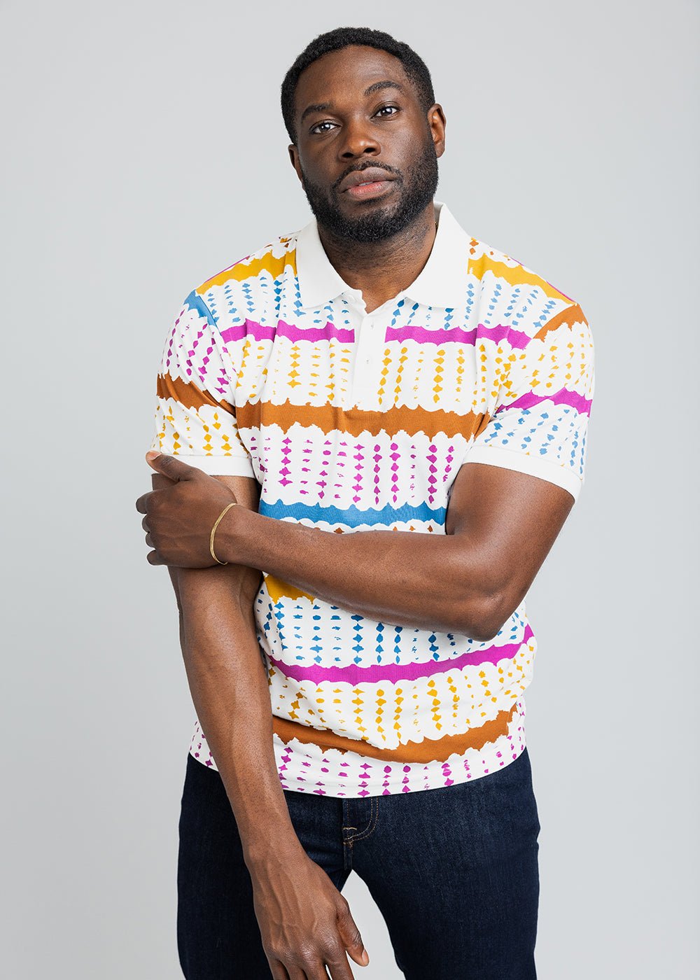 Femi Men's African Print Polo Shirt (White Nautical Adire) White - D'IYANU
