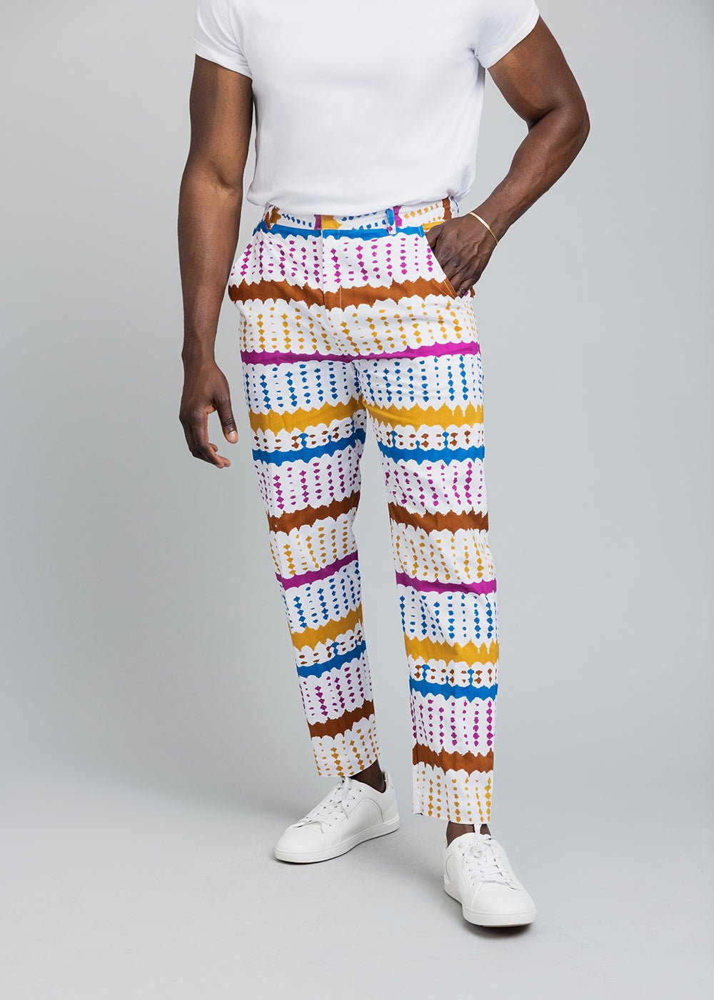 Hadjar Men's African Print Trousers (White Nautical Adire) White - D'IYANU