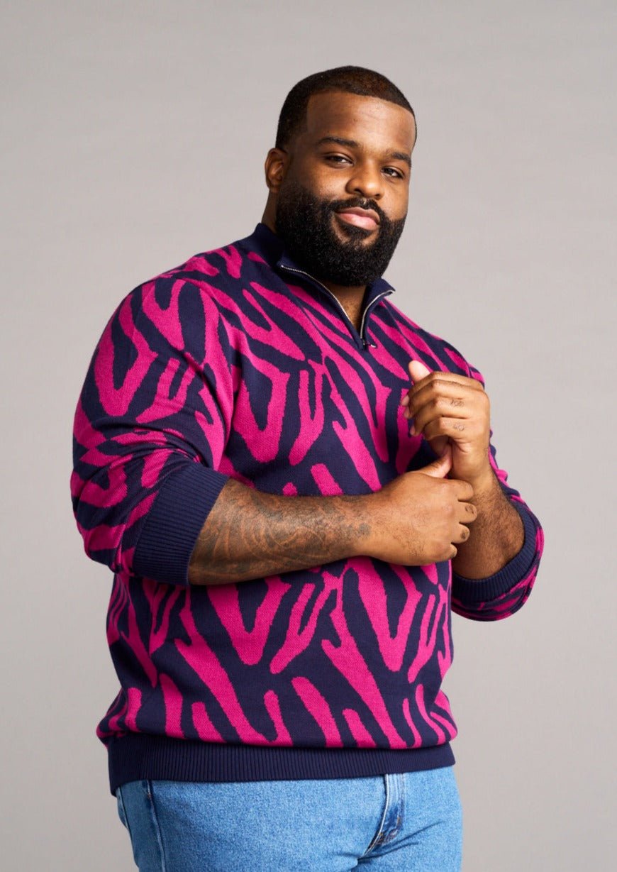 Hamadi Men's African Print Quarter Zip Sweater (Berry Zebra Abstract) - Clearance - D'IYANU