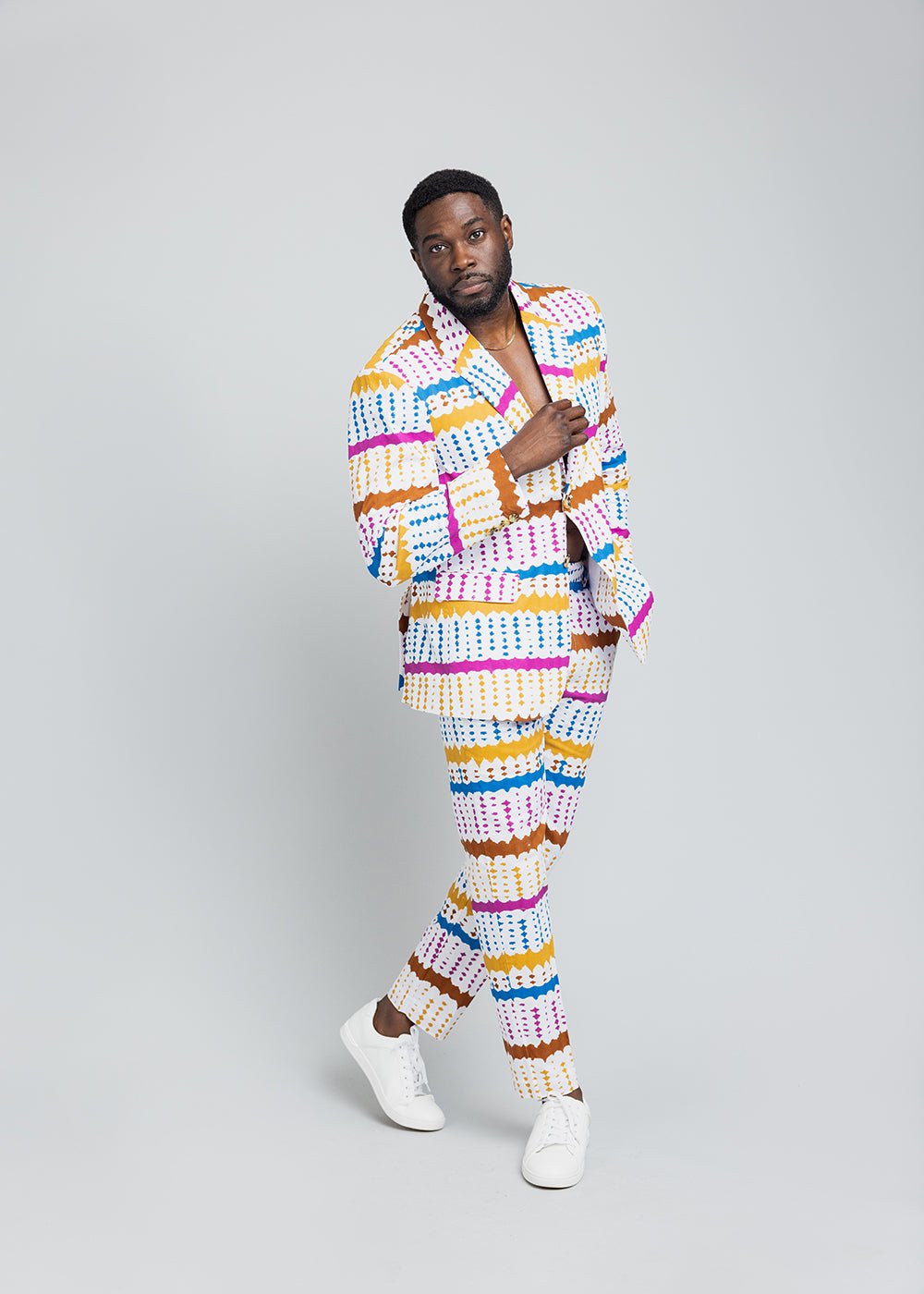 Hami Men's African Print Blazer (White Nautical Adire)- Clearance - D'IYANU