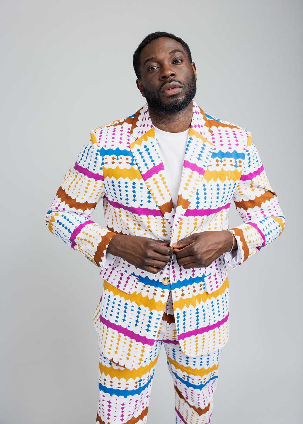 Hami Men's African Print Blazer (White Nautical Adire)- Clearance White - D'IYANU