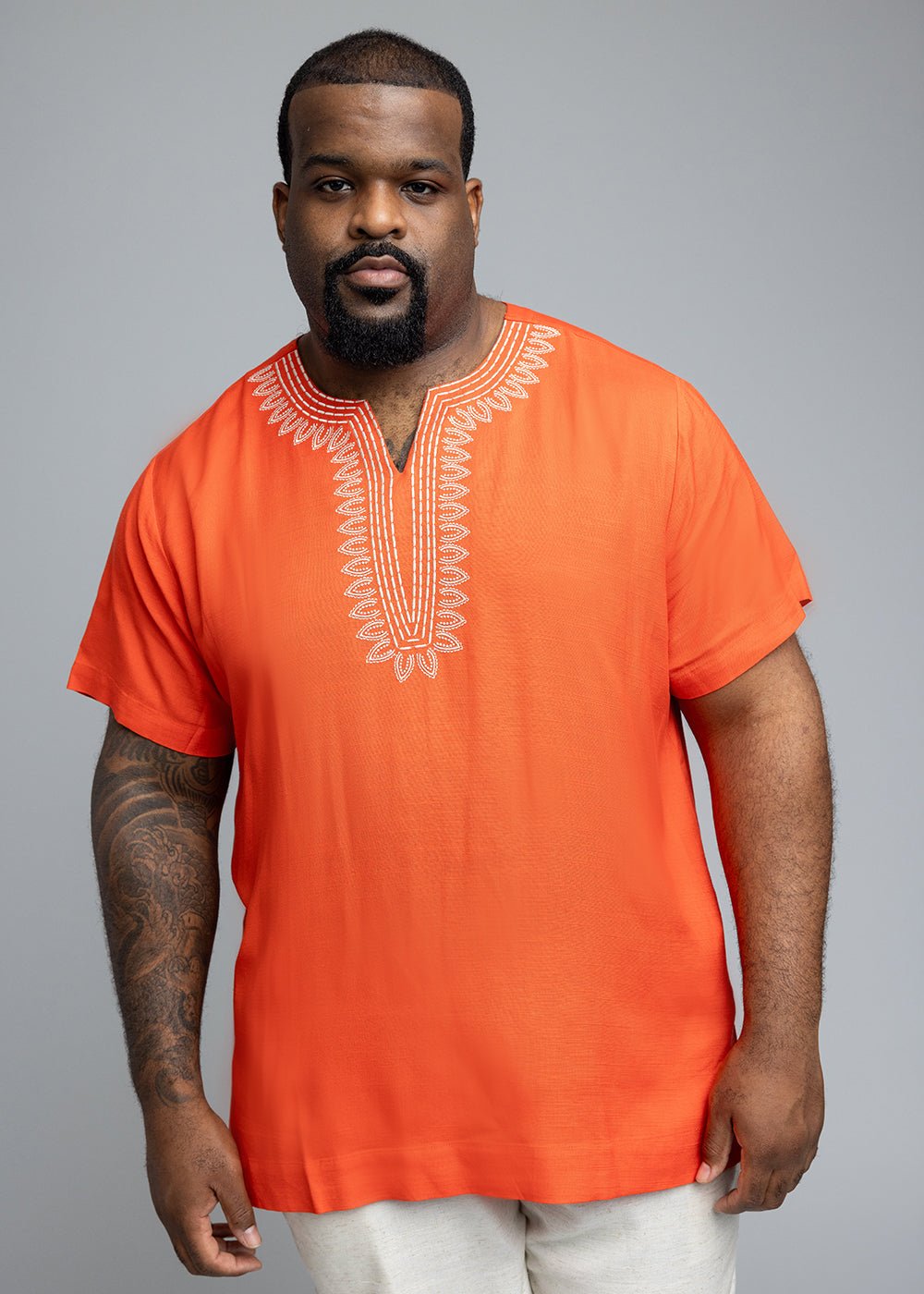 Izibili Men's African Linen Blend Embroidered Tunic Shirt (Deep Coral) Orange - D'IYANU