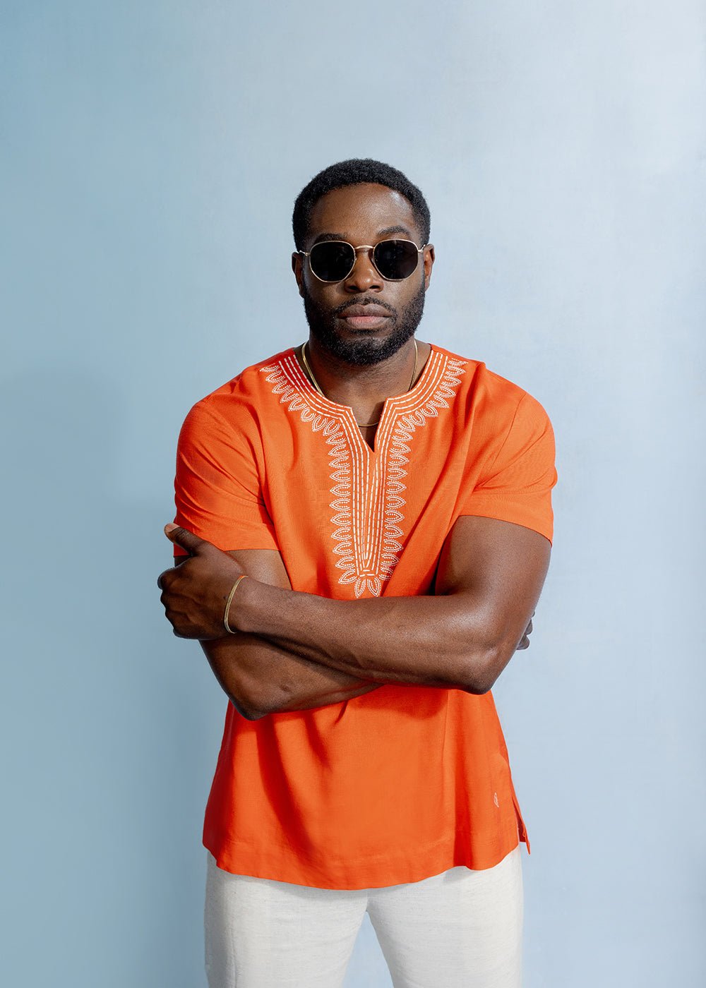 Izibili Men's African Linen Blend Embroidered Tunic Shirt (Deep Coral) Orange - D'IYANU