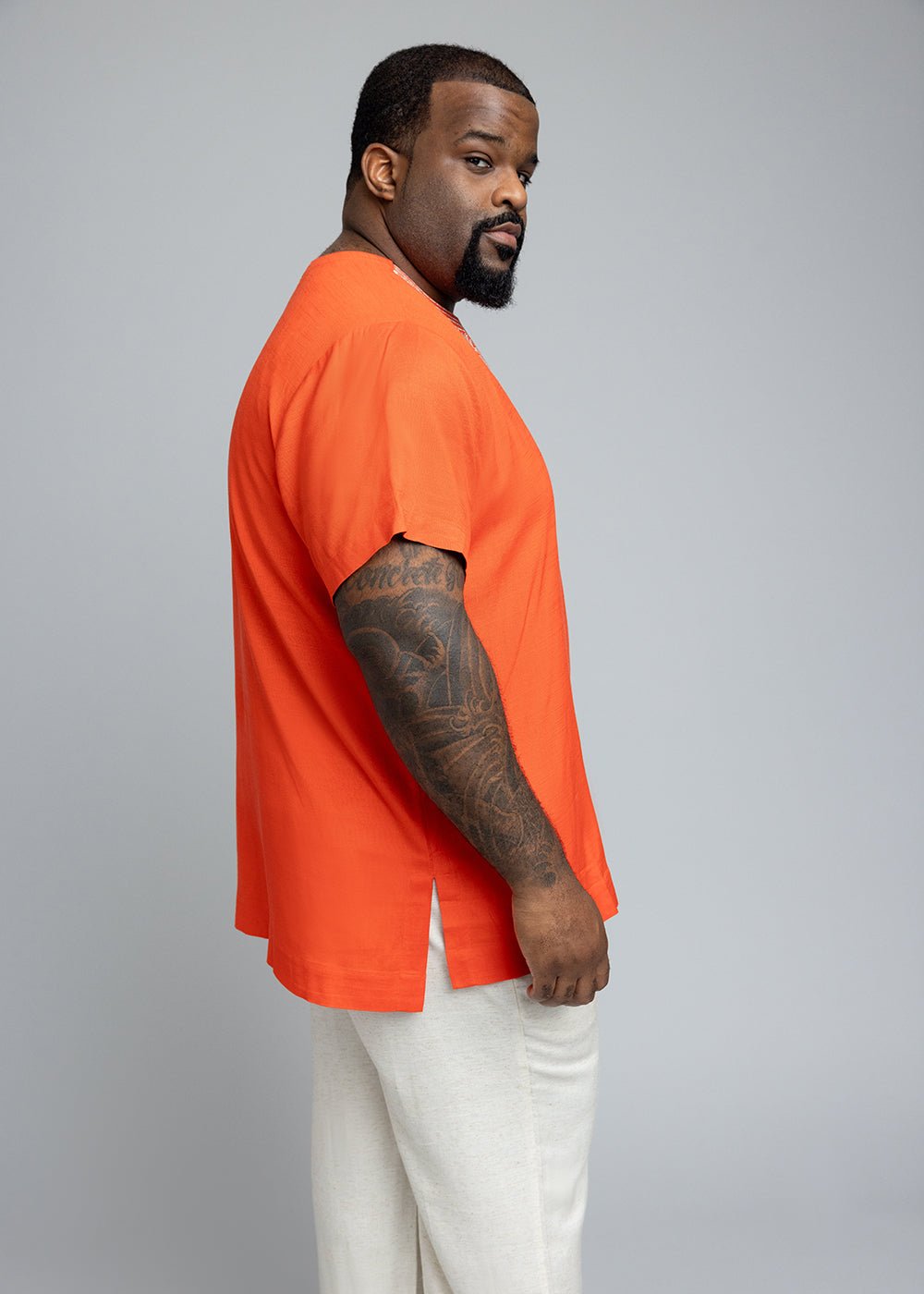 Izibili Men's African Linen Blend Embroidered Tunic Shirt (Deep Coral) - D'IYANU