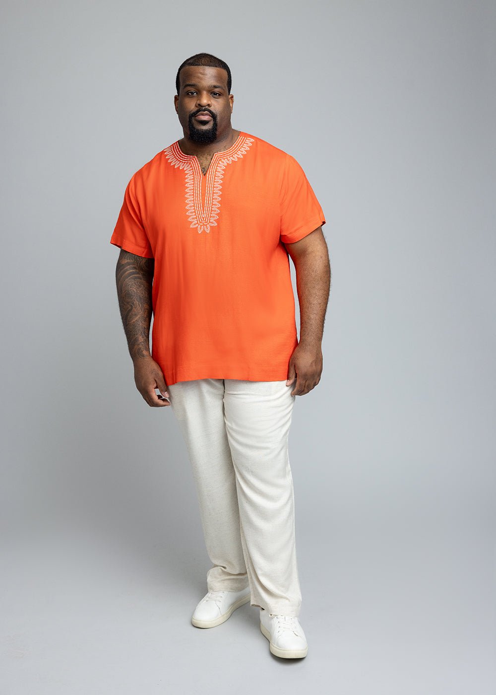 Izibili Men's African Linen Blend Embroidered Tunic Shirt (Deep Coral) - D'IYANU