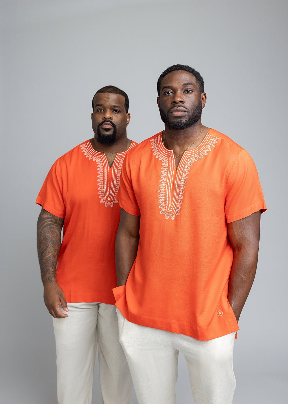 Izibili Men's African Linen Blend Embroidered Tunic Shirt (Deep Coral) - D'IYANU