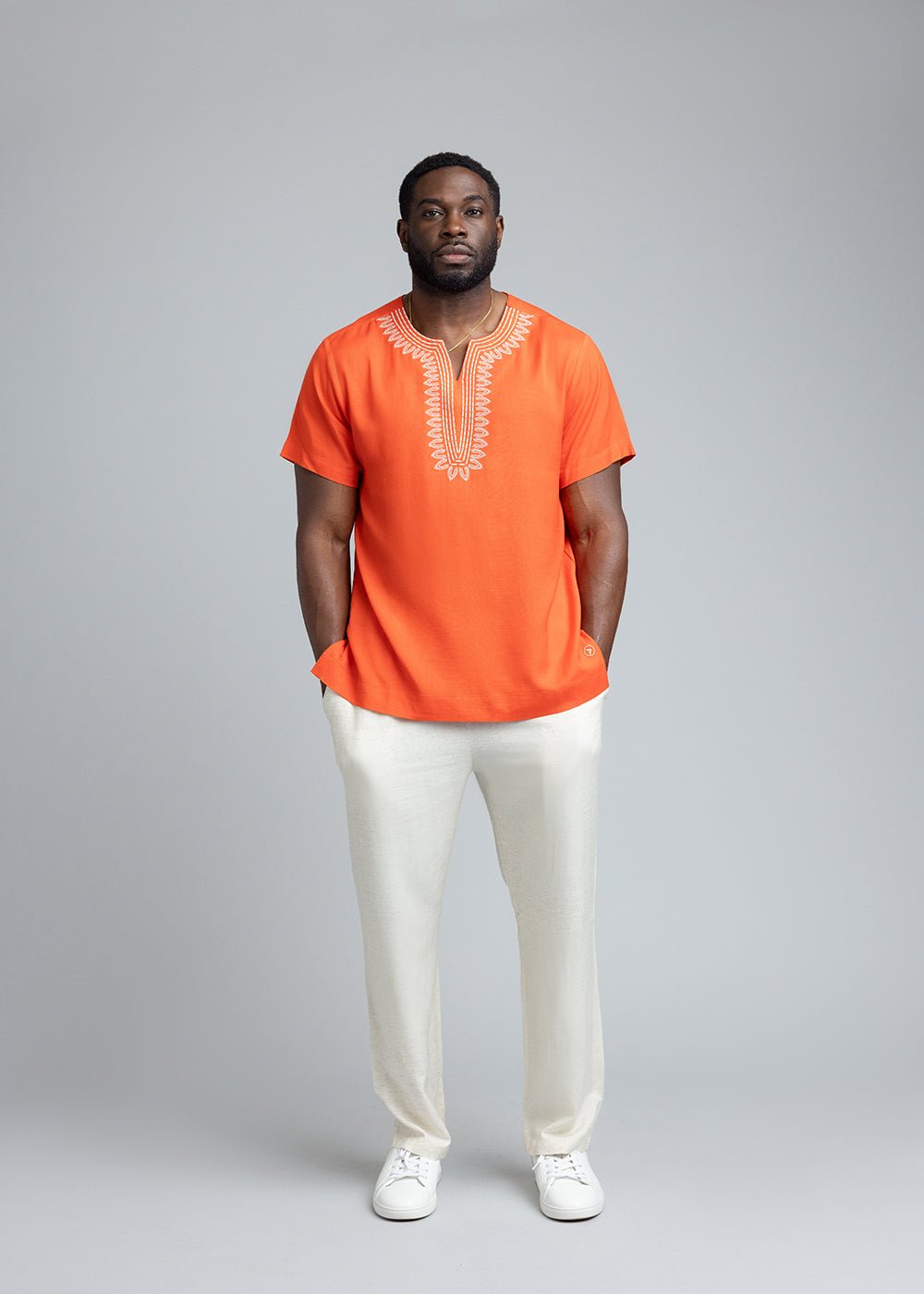 Izibili Men's African Linen Blend Embroidered Tunic Shirt (Deep Coral) - D'IYANU