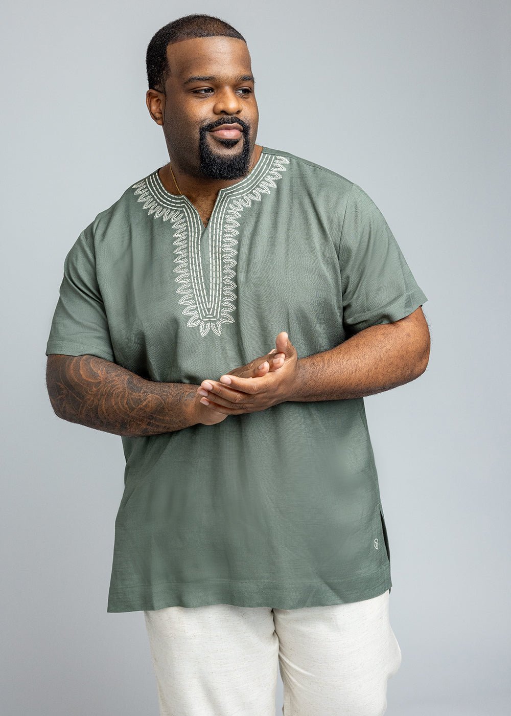 Izibili Men's African Embroidered Linen Blend Tunic Shirt (Olive) - D'IYANU