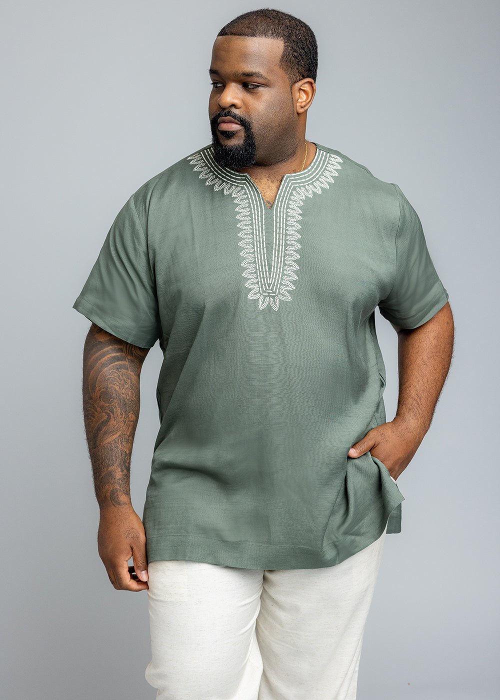 Izibili Men's African Embroidered Linen Blend Tunic Shirt (Olive) Green - D'IYANU