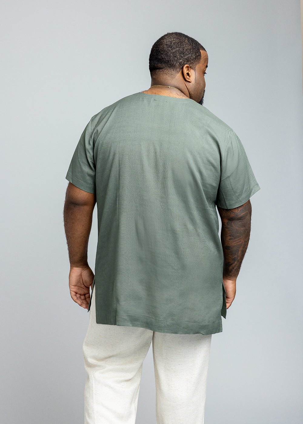 Izibili Men's African Embroidered Linen Blend Tunic Shirt (Olive) - D'IYANU