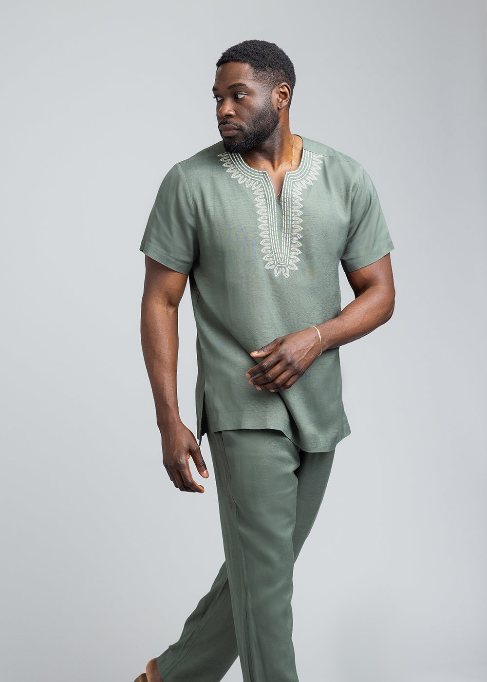 Izibili Men's African Embroidered Linen Blend Tunic Shirt (Olive) - D'IYANU
