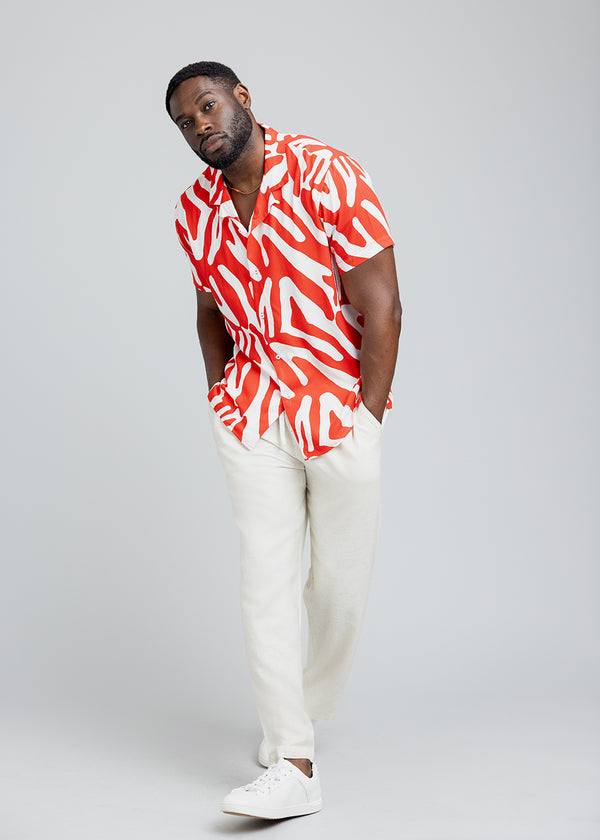 Malik Men's African Print Button-Up Shirt (Deep Orange Zebra Abstract)