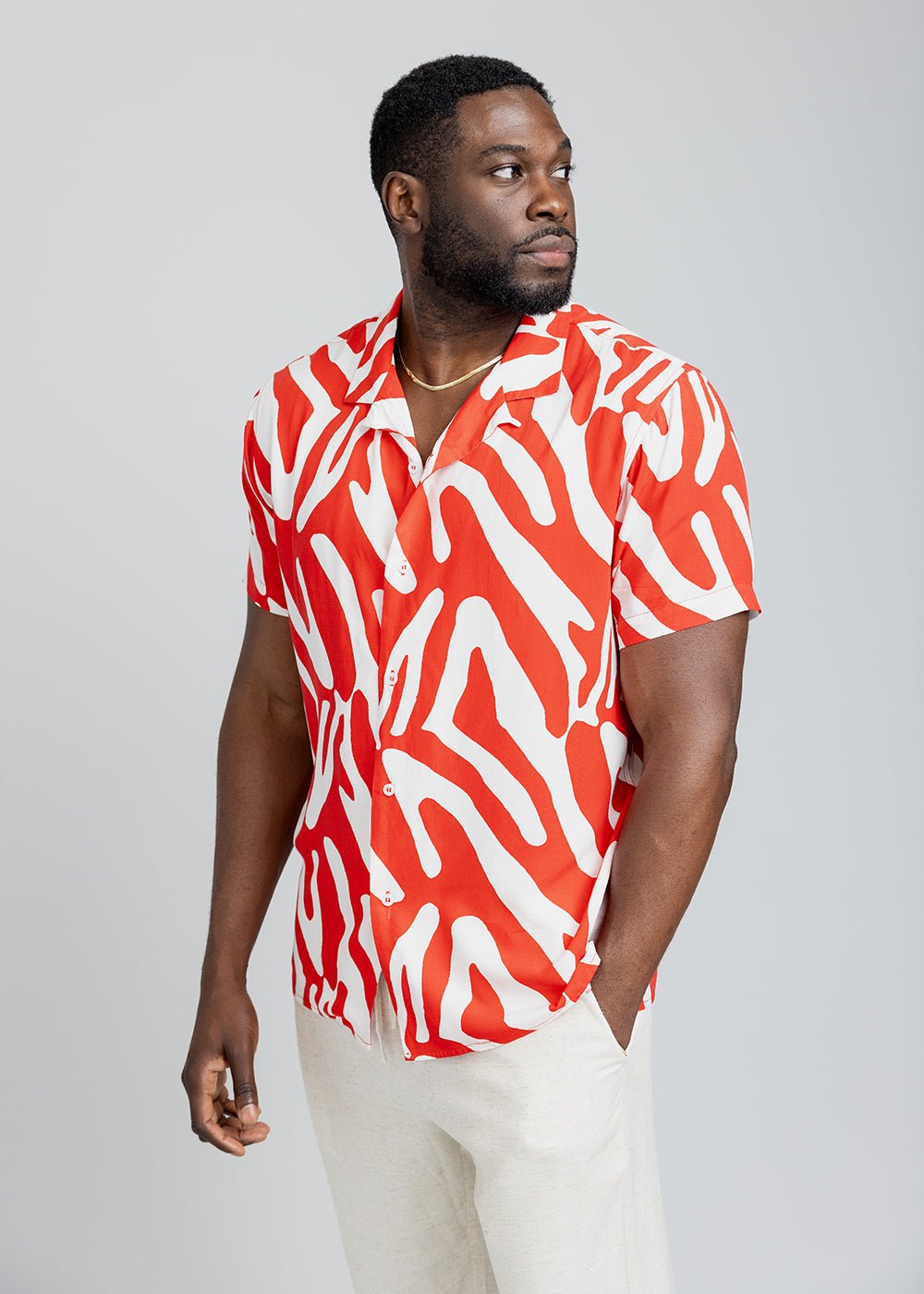 Malik Men's African Print Button-Up Shirt (Deep Orange Zebra Abstract) Orange - D'IYANU