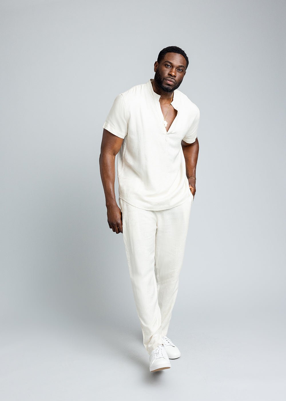 Refiloe Men's African Linen Blend Tunic Shirt (Sand) - D'IYANU