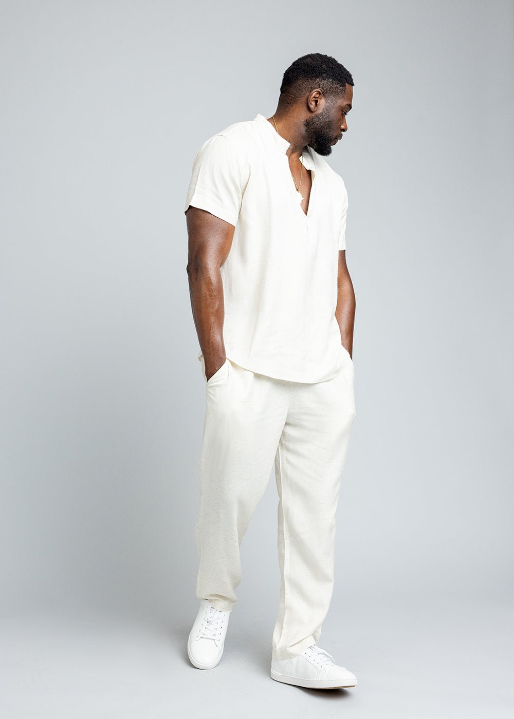 Refiloe Men's African Linen Blend Tunic Shirt (Sand) - D'IYANU