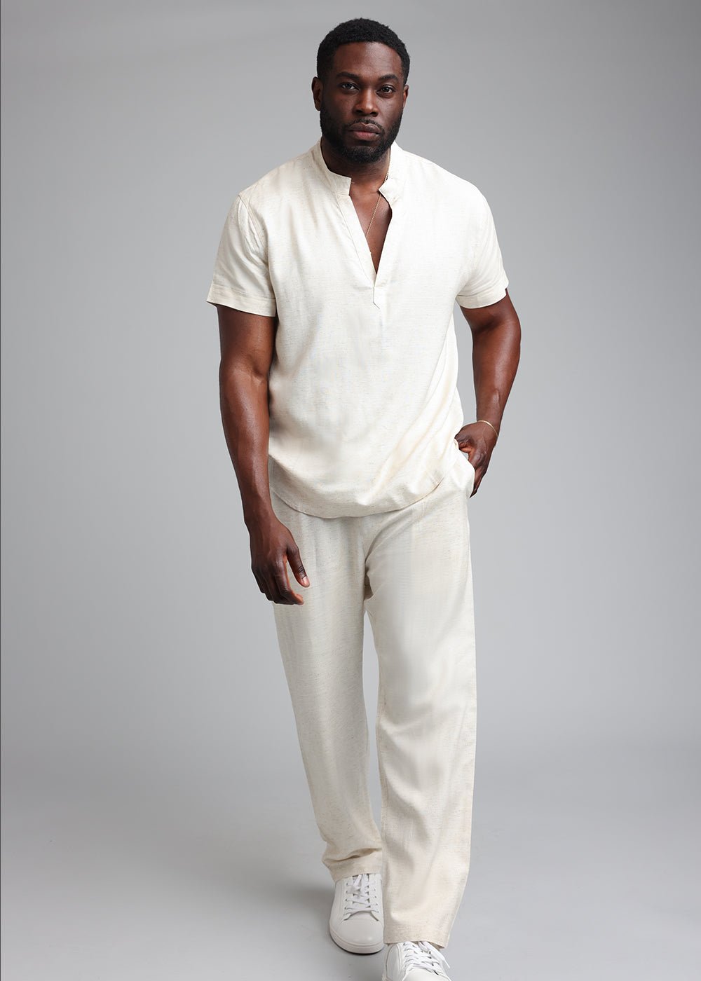 Refiloe Men's African Linen Blend Tunic Shirt (Sand) Tan - D'IYANU