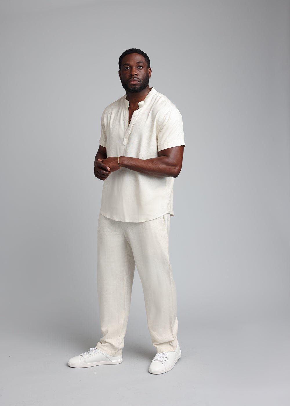 Refiloe Men's African Linen Blend Tunic Shirt (Sand) - D'IYANU