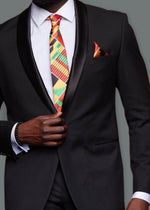 Ajani Men's African Print Satin Necktie and Pocket Square Set (Yellow Green Kente) - D'IYANU