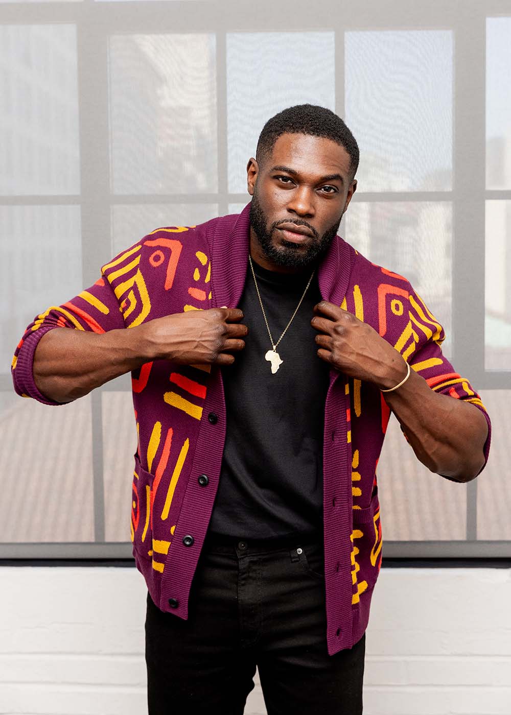 Aren Men's African Print Cardigan Sweater (Plum Gold Tribal) - D'IYANU