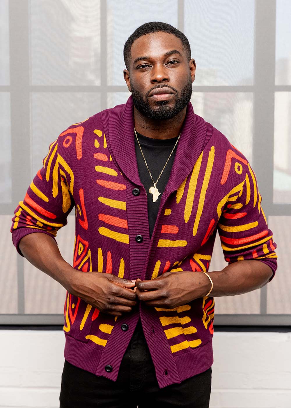 Aren Men's African Print Cardigan Sweater (Plum Gold Tribal) - D'IYANU