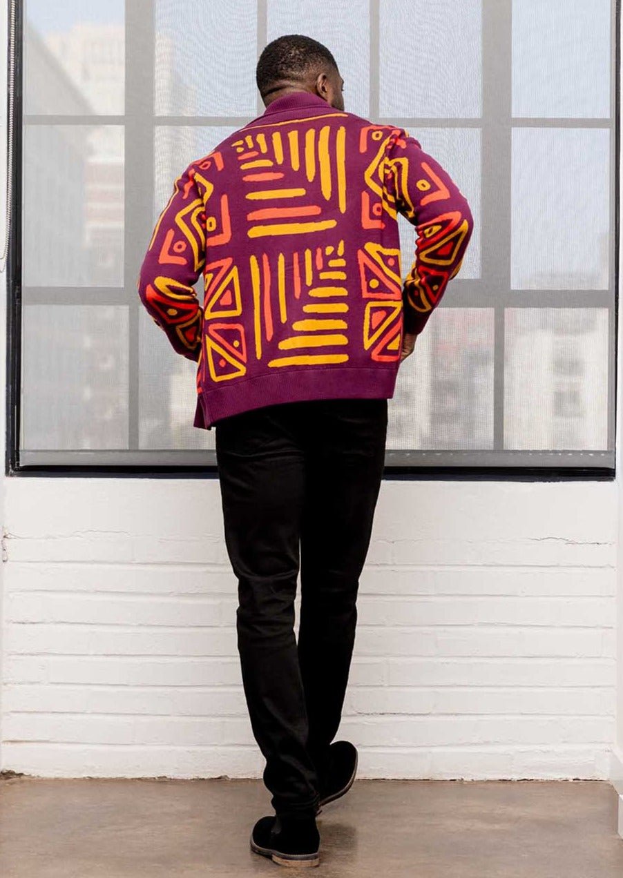 Aren Men's African Print Cardigan Sweater (Plum Gold Tribal) - D'IYANU