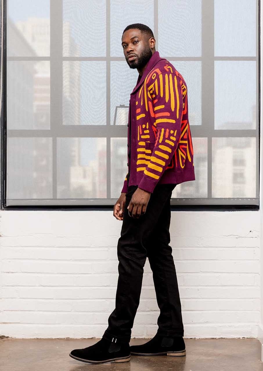 Aren Men's African Print Cardigan Sweater (Plum Gold Tribal) - D'IYANU