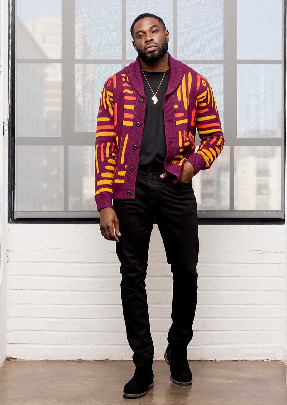 Aren Men's African Print Cardigan Sweater (Plum Gold Tribal) - D'IYANU