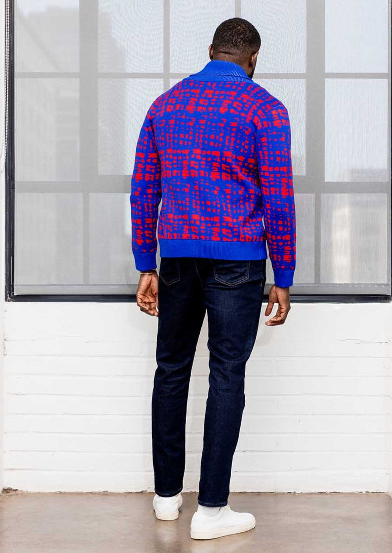 Aren Men's African Print Cardigan Sweater (Red Blue Adire) - Clearance
