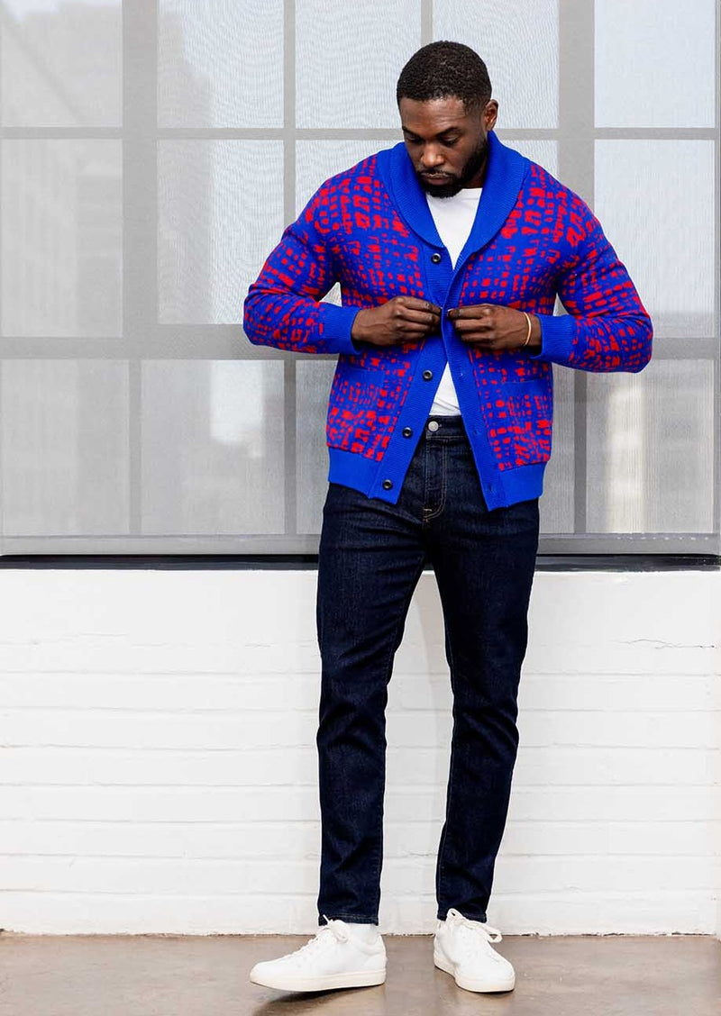 Aren Men's African Print Cardigan Sweater (Red Blue Adire) - Clearance