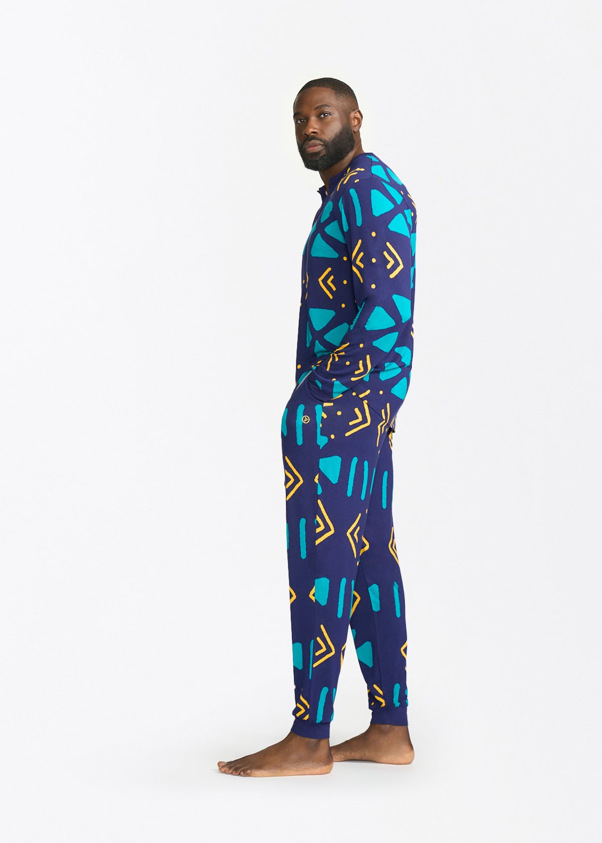 Mobisi Men's African Print Pajama Set (Navy Gold Mudcloth) - D'IYANU