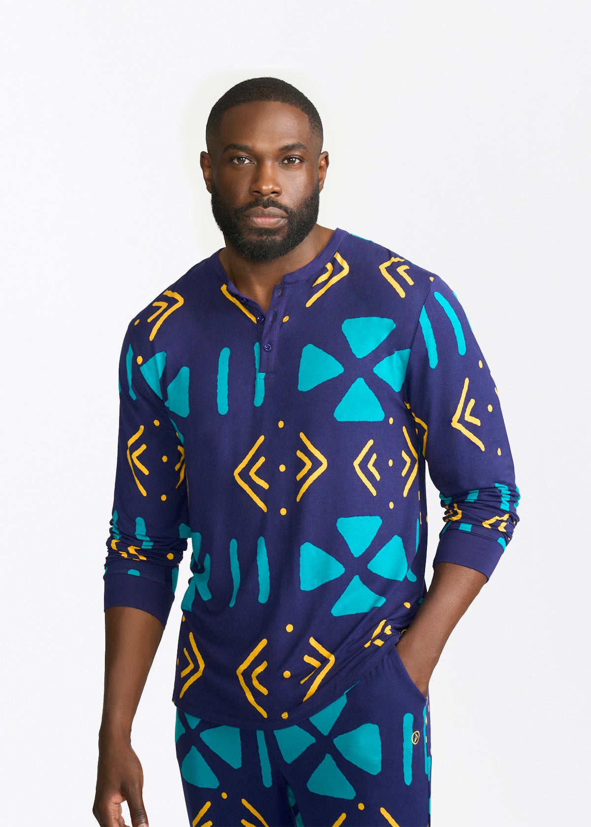 Mobisi Men's African Print Pajama Set (Navy Gold Mudcloth) - D'IYANU