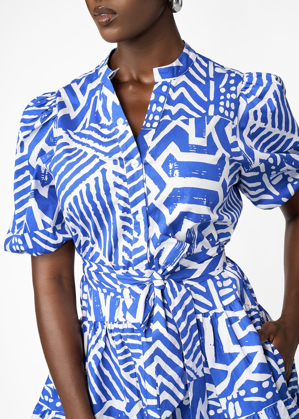 Mojisola Women's African Print Puff Sleeve Mini Dress (White Cobalt Tribal)