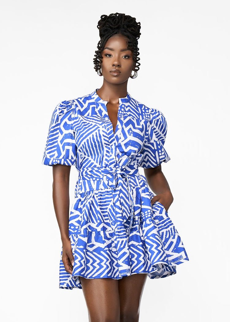 Mojisola Women's African Print Puff Sleeve Mini Dress (White Cobalt Tribal)