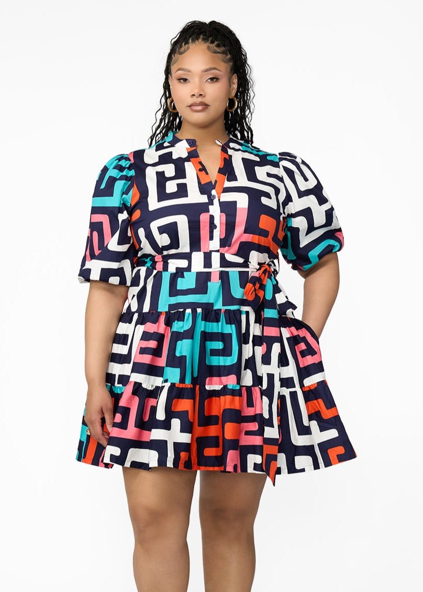 Mojisola Women's African Print Puff Sleeve Mini Dress (Confetti Kuba) - D'IYANU